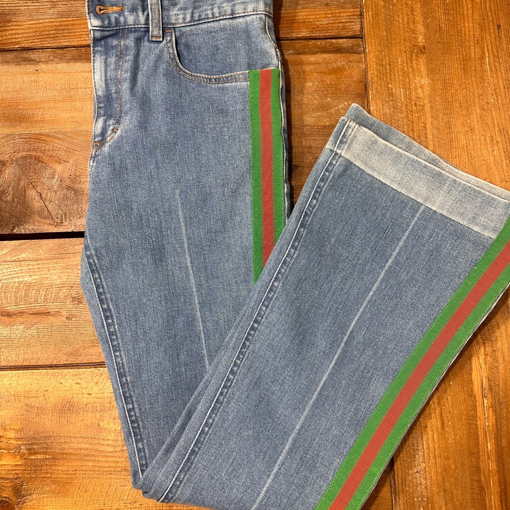 Gucci Blue Jeans with Green and Red Stripe